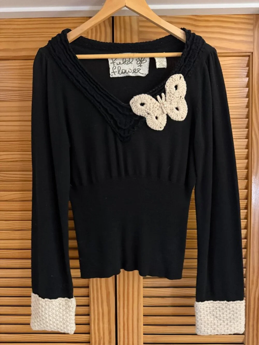 Anthropologie Field Flower Black Butterfly Crochet Trim Sweater
